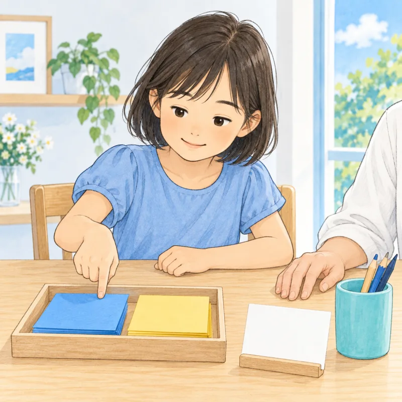 紙を配る小さな役割を、自分で指して選ぶ子どものイメージ