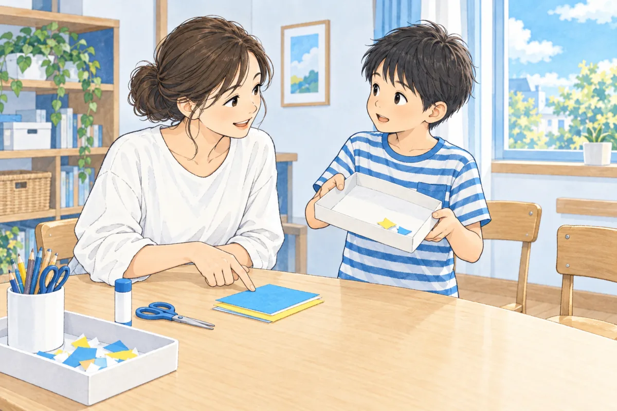 紙が足りないことを伝え、スタッフと一緒に確かめる子どものイメージ