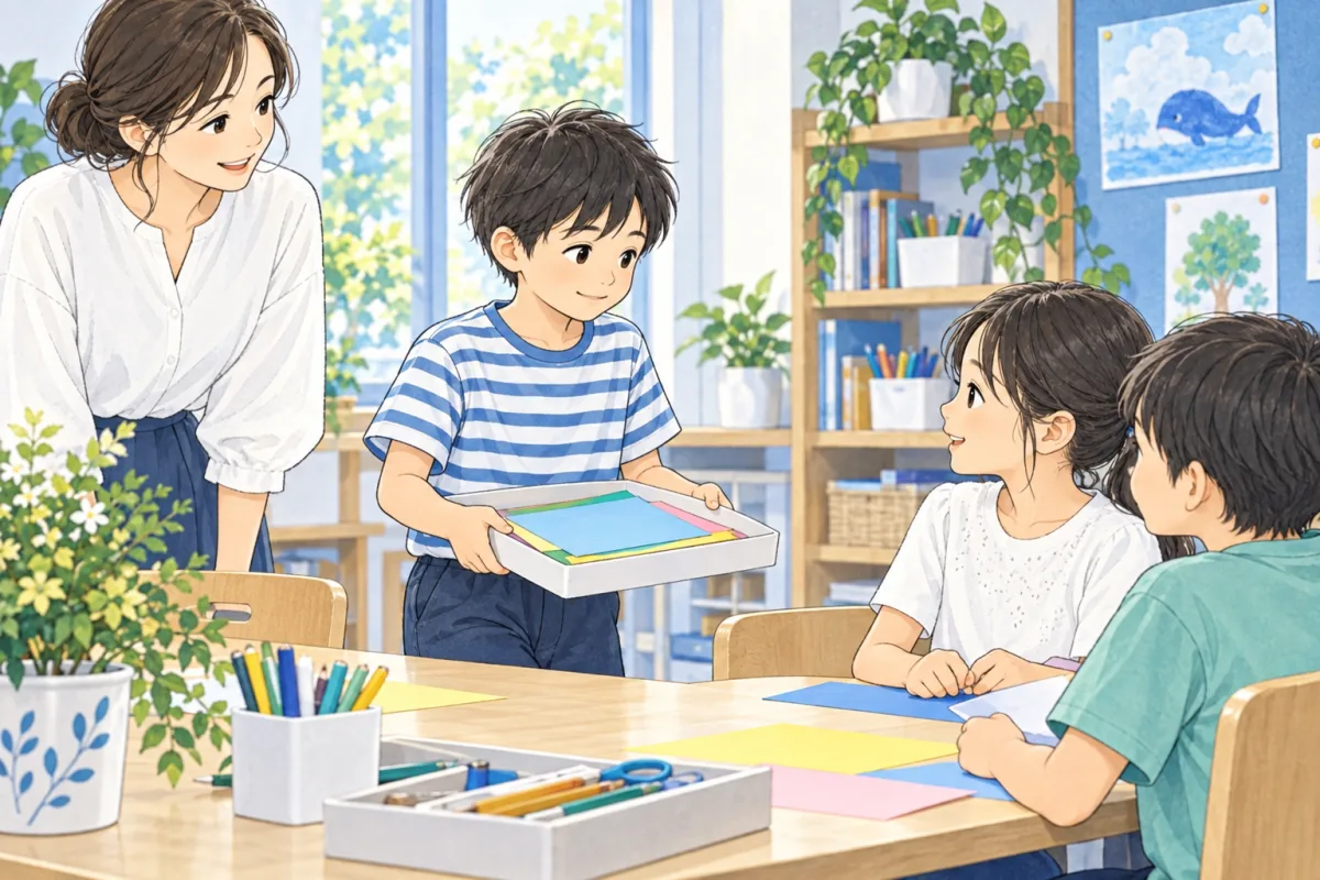 紙を載せた軽いトレイを仲間の机へ運ぶ子どもと、そばで見守る大人のイメージ