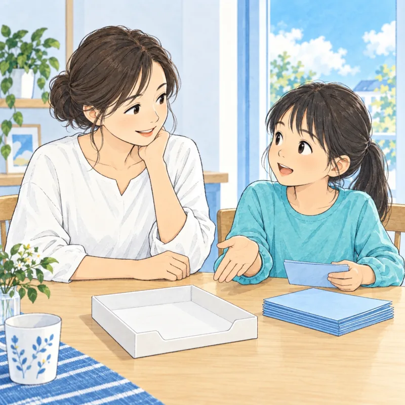 役割を終えたあと、使った紙とトレイを見ながら大人に話す子どものイメージ