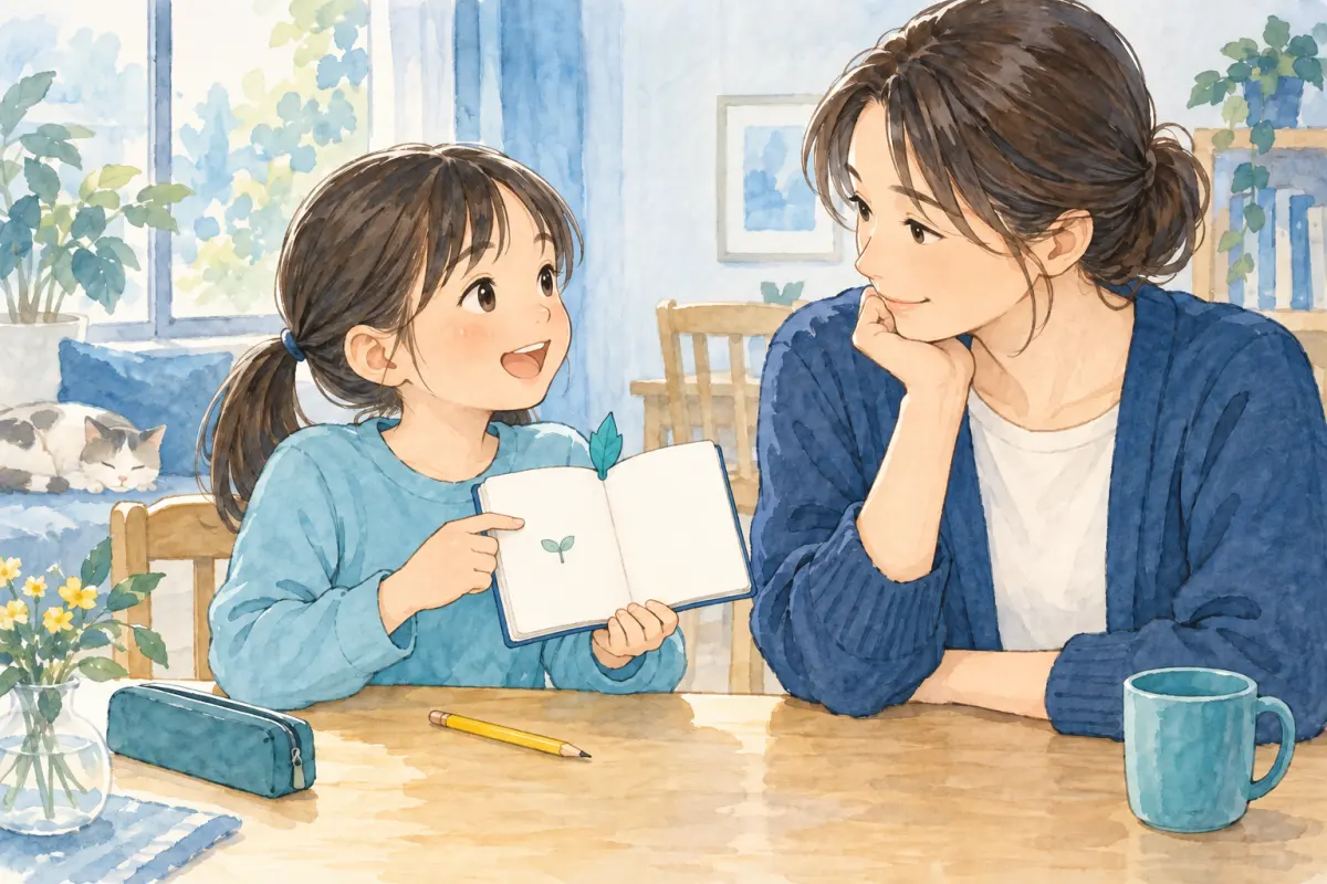 小さなノートを開き、母親に経験を話す子どものイメージ