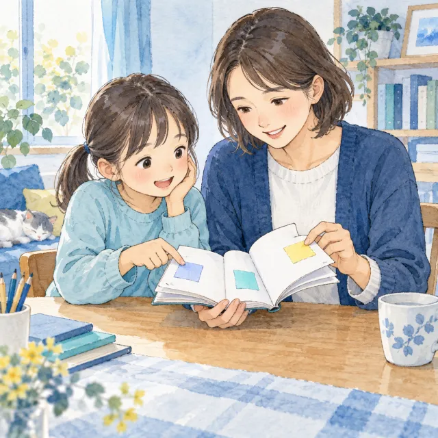親子でノートの前のページを開き、経験を思い出すイメージ