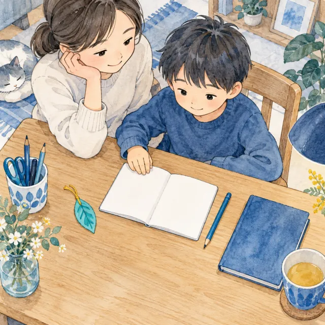 小さなノートと鉛筆を前に、親子で残すことを考えるイメージ