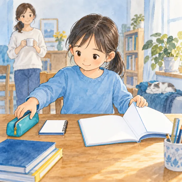 小さな記録用ノートを手元に置き、教材と筆箱を準備する子どものイメージ