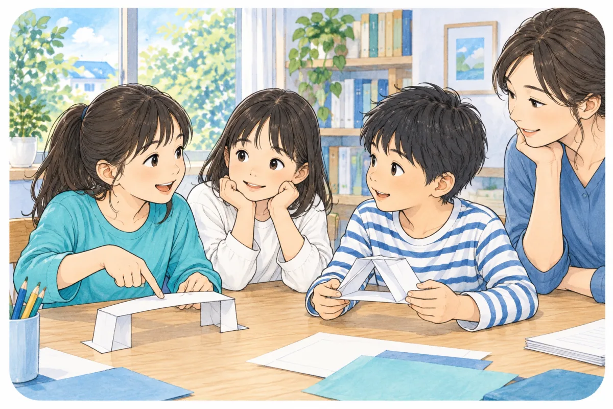 同じ工作について別々の案を持ち寄り、互いの説明を聞く子どもたちのイメージ