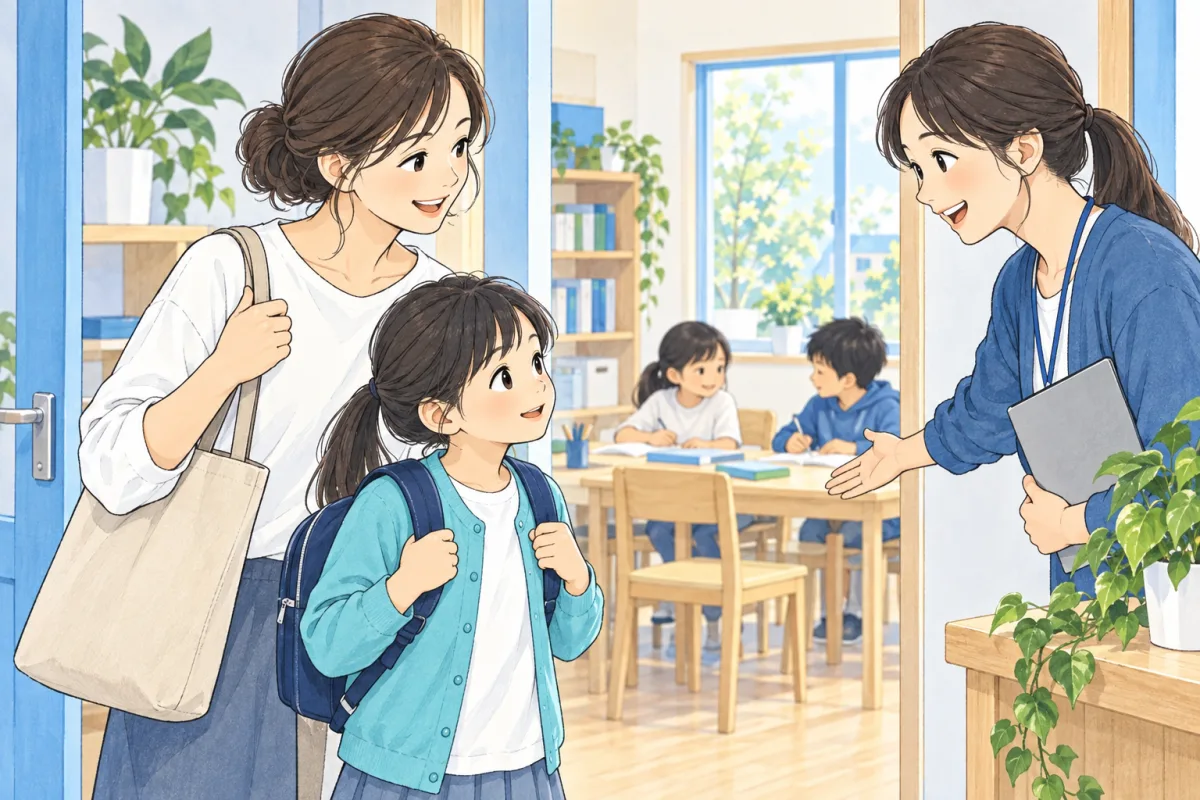 親子で学童の部屋を訪れ、スタッフと落ち着いて顔を合わせるイメージ