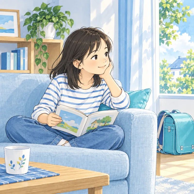 帰宅後、ソファで好きな本を手に静かに過ごす子どものイメージ
