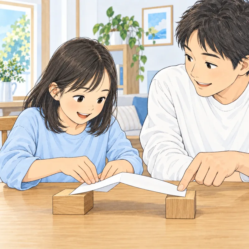 子どもが紙を折る間、父親が端だけを押さえて手伝う創作場面