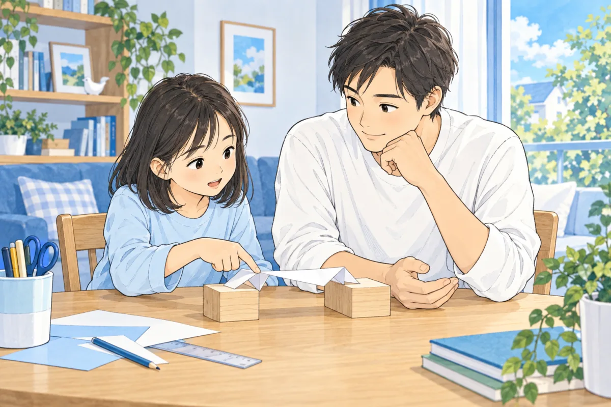 紙の工作で、どこを手伝うか父親と相談する子どもの創作場面