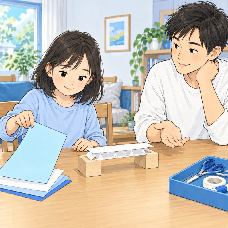 次に使う紙を自分で選ぶ子どもと、そばで話を聞く父親の創作場面