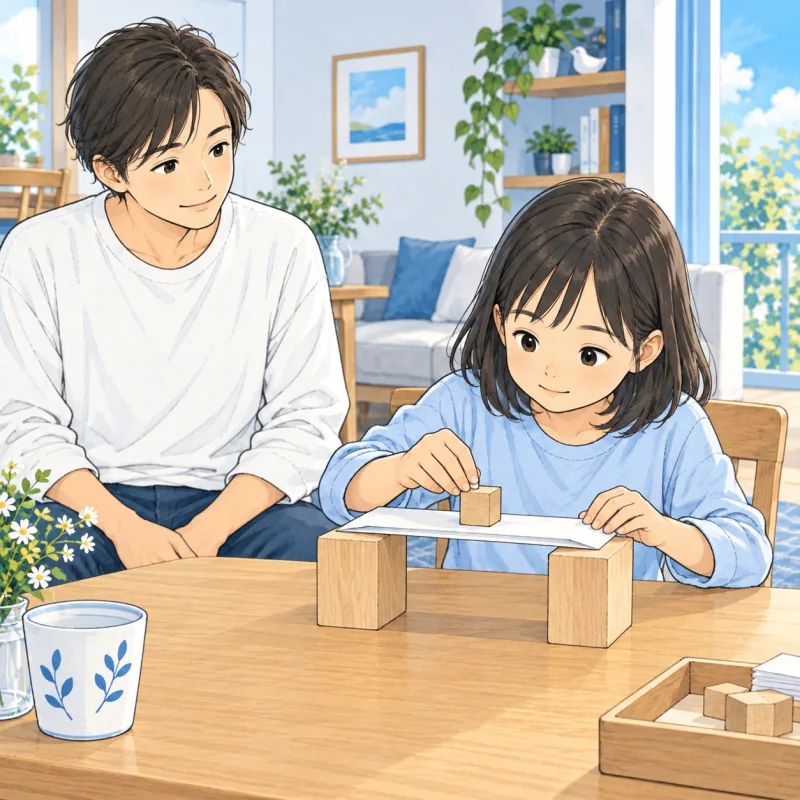 子どもが紙の橋を試す間、大人が手を出さず近くで見守る創作場面