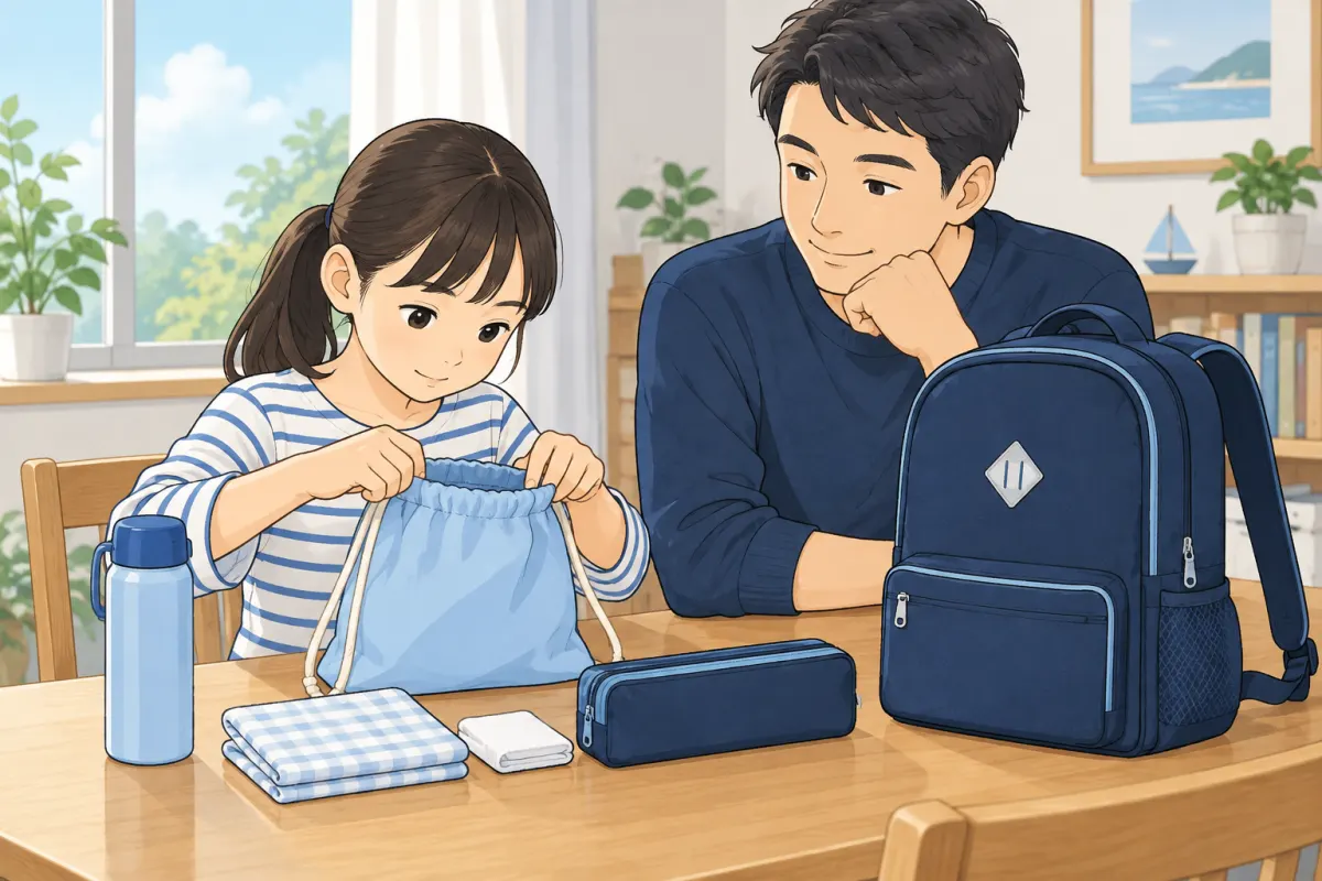 子どもが袋を開け、父親と一緒に学童へ持っていく物を確認するイメージ