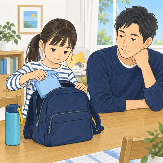 父親が見守る中、子どもが使った袋をかばんへ戻すイメージ