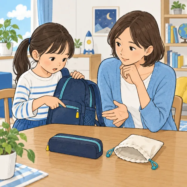 帰宅後、子どもがかばんのポケットを指しながら保護者と使い方を相談するイメージ