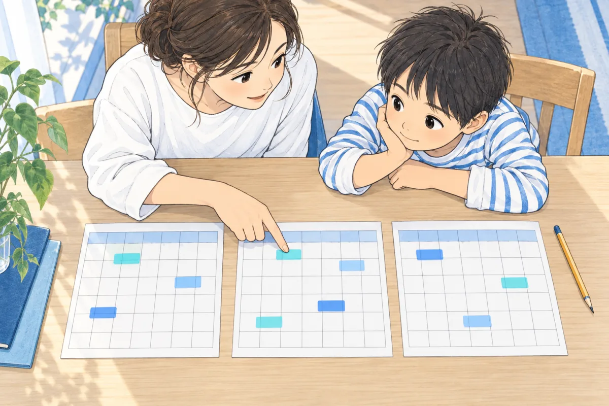 親子で三枚の予定表を並べ、日程の違いを確かめるイメージ
