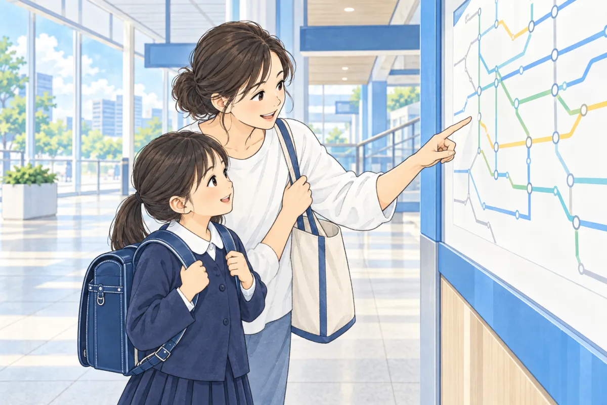 駅の広い通路で、親子が移動の案内図を一緒に見ているイメージ