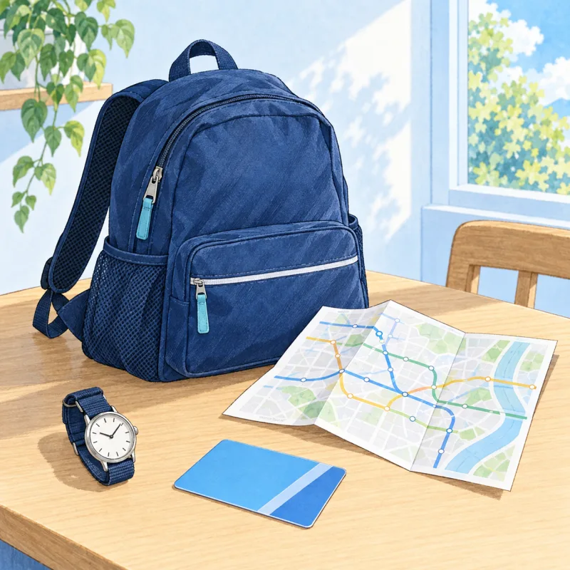 通学バッグ、路線図、時計を並べ、移動に必要な確認を考えるイメージ