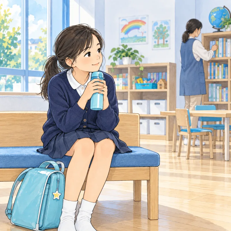通学バッグを脇に置き、学童の部屋で水筒を持ってひと息つく子どものイメージ