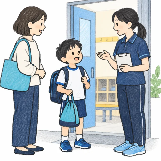 習い事への移動前に、子どもと二人の大人が引き継ぎを確認するイメージ