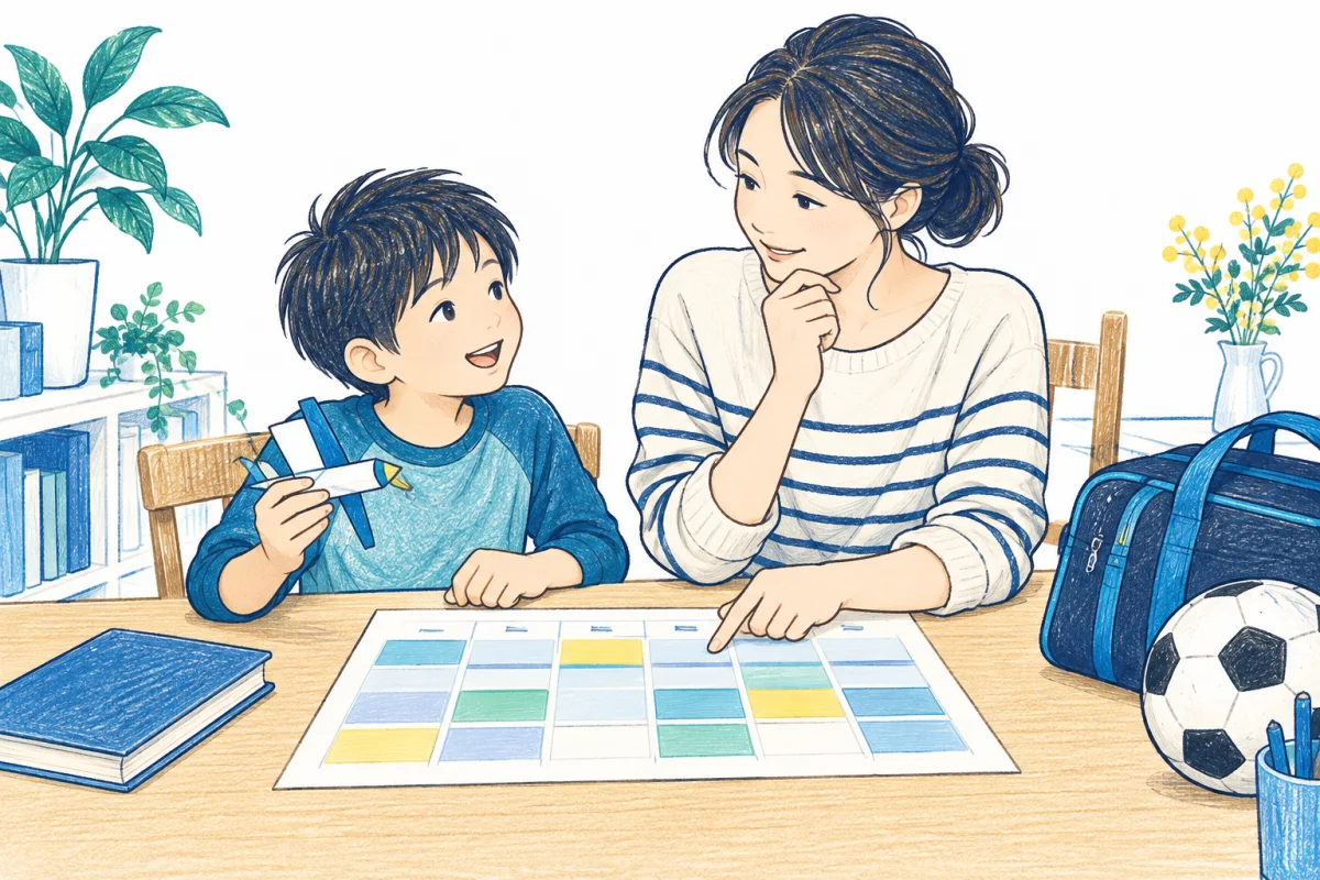 親子で一週間の予定を見ながら、やってみたい習い事を相談するイメージ