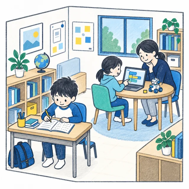 同じ施設の中で、宿題とものづくりに取り組む子どもたちのイメージ