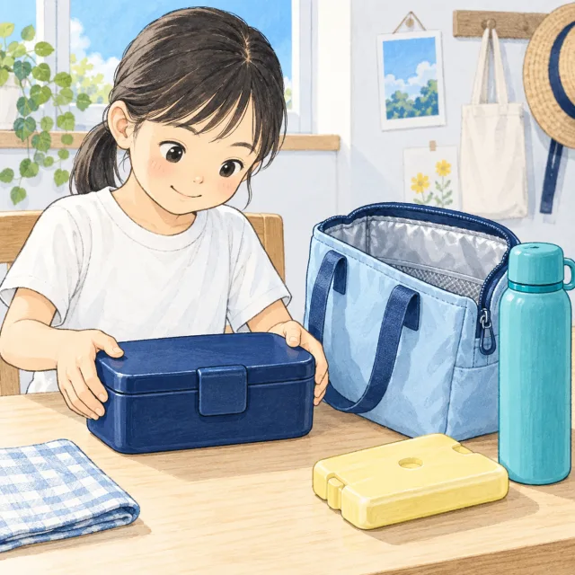 昼食の容器や袋を準備する場面のイメージ。持ち物の指定ではありません