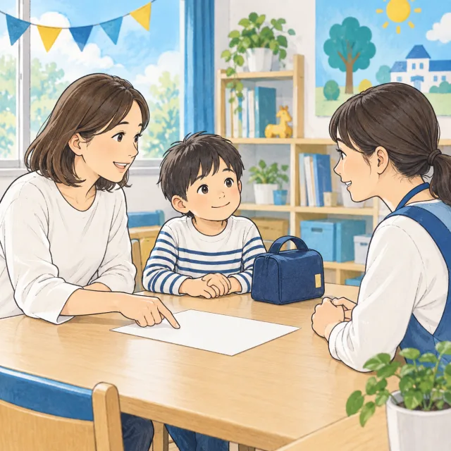 昼食で伝えておきたいことを、子どもと保護者がスタッフに相談するイメージ