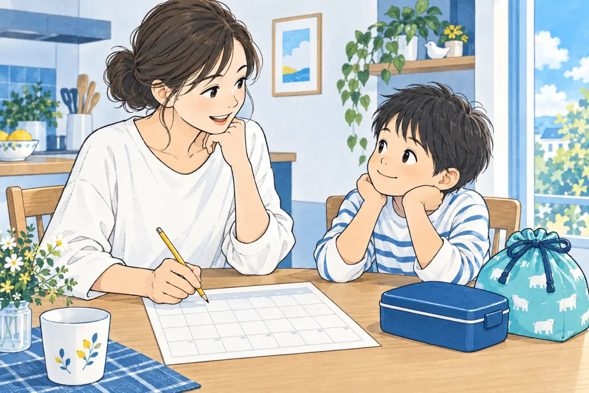 昼食が必要な日の予定を、親子で確認するイメージ