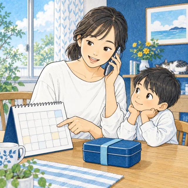 予定表を見ながら、昼食の手配について電話で確認する保護者のイメージ