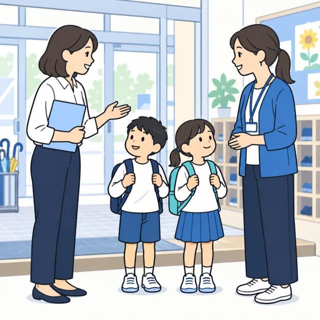 学校と学童のスタッフが、お迎えについて顔を合わせて確認する概念イラスト