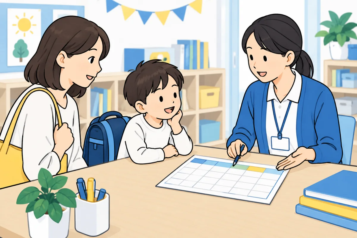 予定表を見ながら、お迎えの流れを親子でスタッフに確認するイメージ