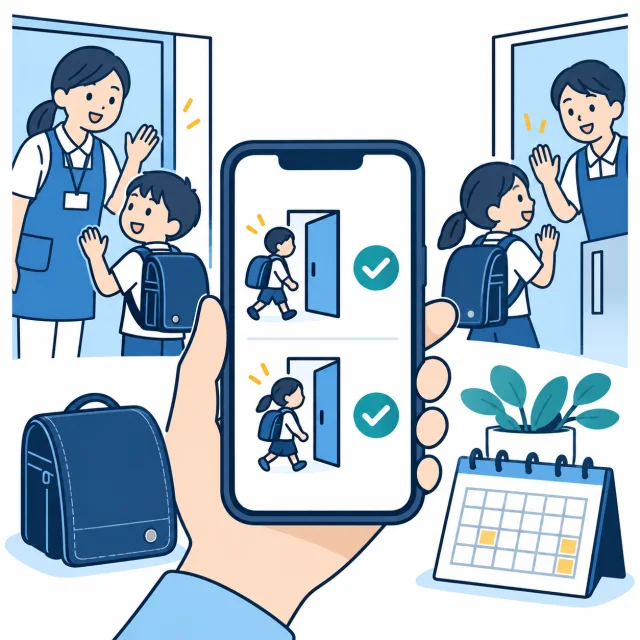 スマートフォンで入室と退室の記録を確認する概念イラスト。実際のアプリ画面ではありません