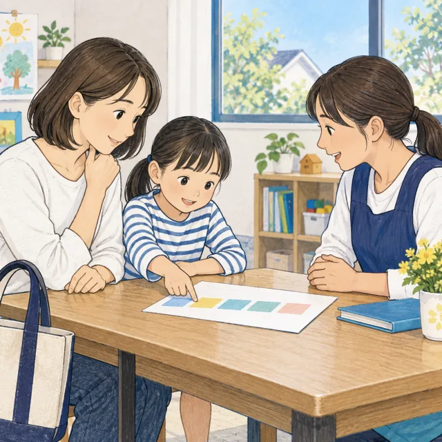親子と学童スタッフが、予定を表した紙を見ながら過ごし方を相談するイメージ