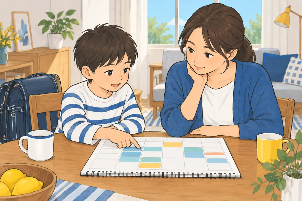 余白のある予定表を見ながら、放課後の過ごし方を話し合う親子のイメージ