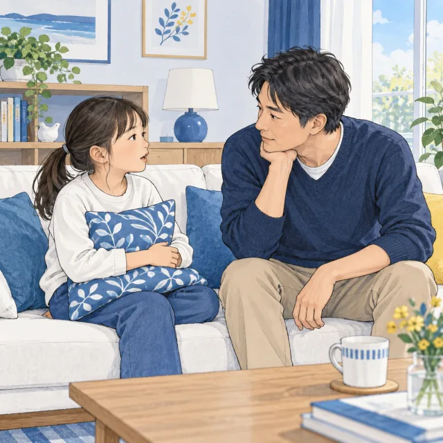 放課後の過ごし方について、ソファで子どもの話を聞く父親のイメージ
