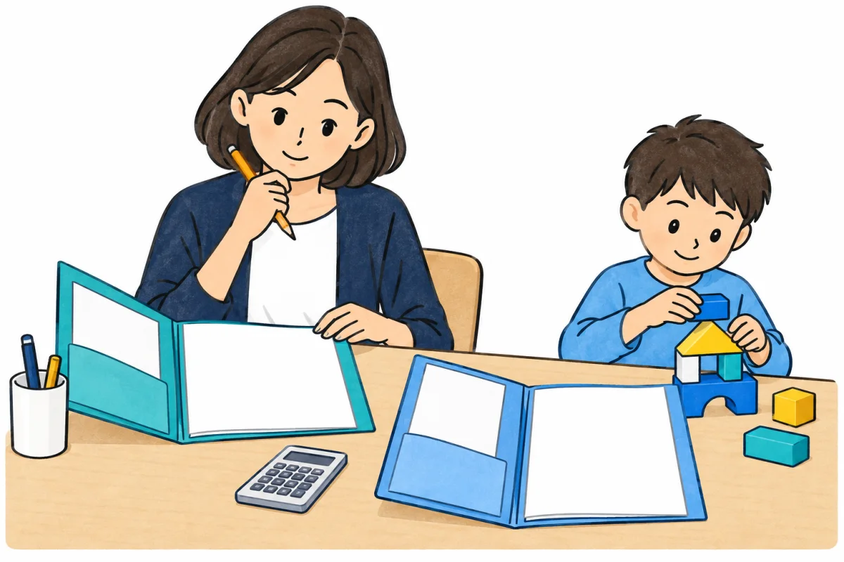放課後の利用資料を見比べる保護者と、その隣で工作する子どものイメージ