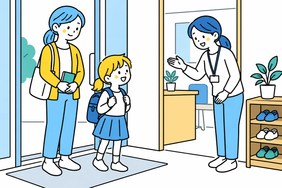 予約した見学に訪れた親子を、入口で迎えるスタッフのイメージ