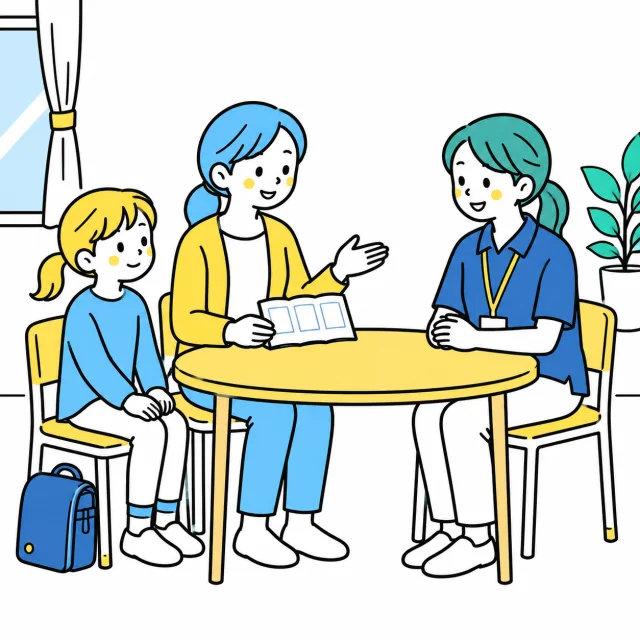 メモを広げた保護者とスタッフが、子どもと一緒に利用条件を確認する場面