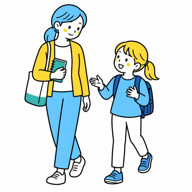 見学の帰りに、子どもの感想を聞きながら歩く保護者
