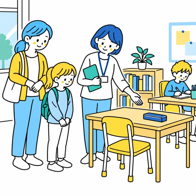 親子が学習場所を見学し、スタッフから机の使い方を聞く場面