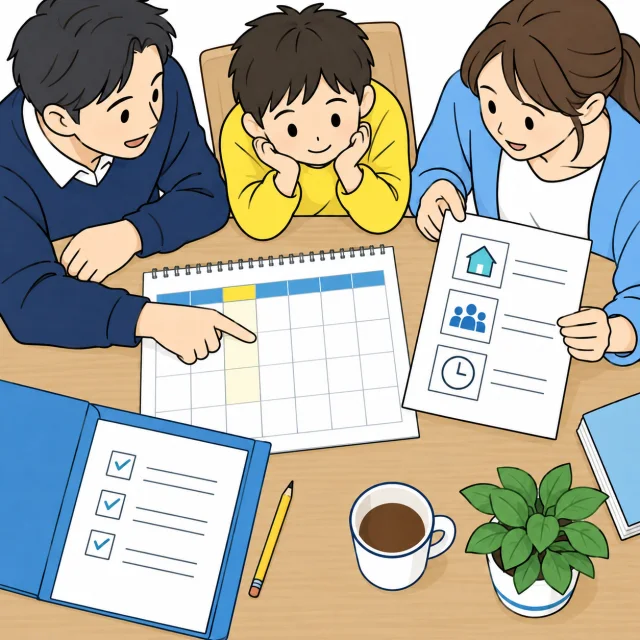 予定表と確認用の書類を並べ、利用する条件を整理するイメージ