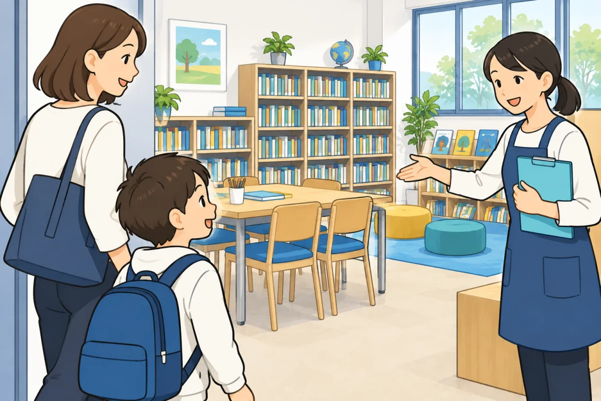 親子で学童の部屋を見学し、スタッフから案内を受けるイメージ