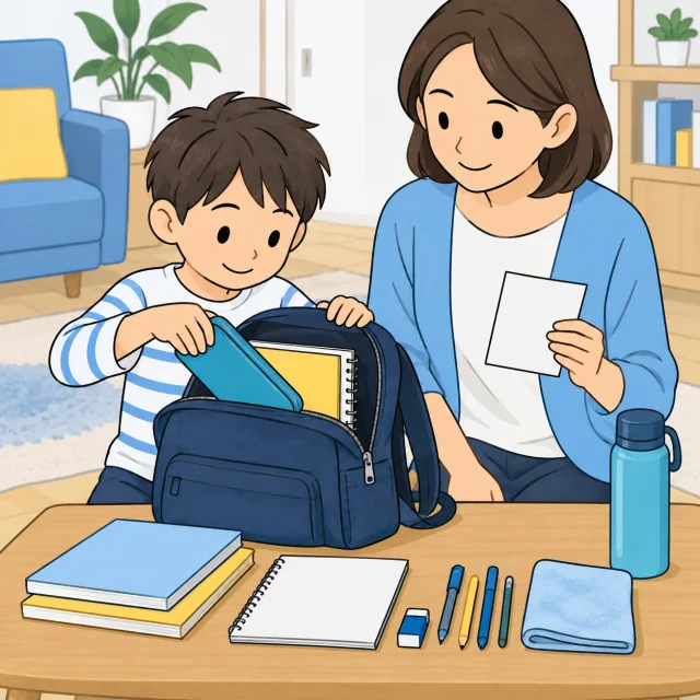 案内を見ながら、子どもと一緒にかばんや筆箱を準備する保護者のイメージ