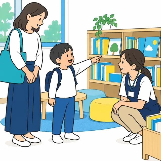 見学に来た子どもが本のある場所を指し、スタッフが目線を合わせて話を聞くイメージ