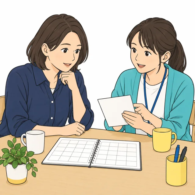 週間予定のメモを見ながら、校舎スタッフと利用条件を相談するイメージ