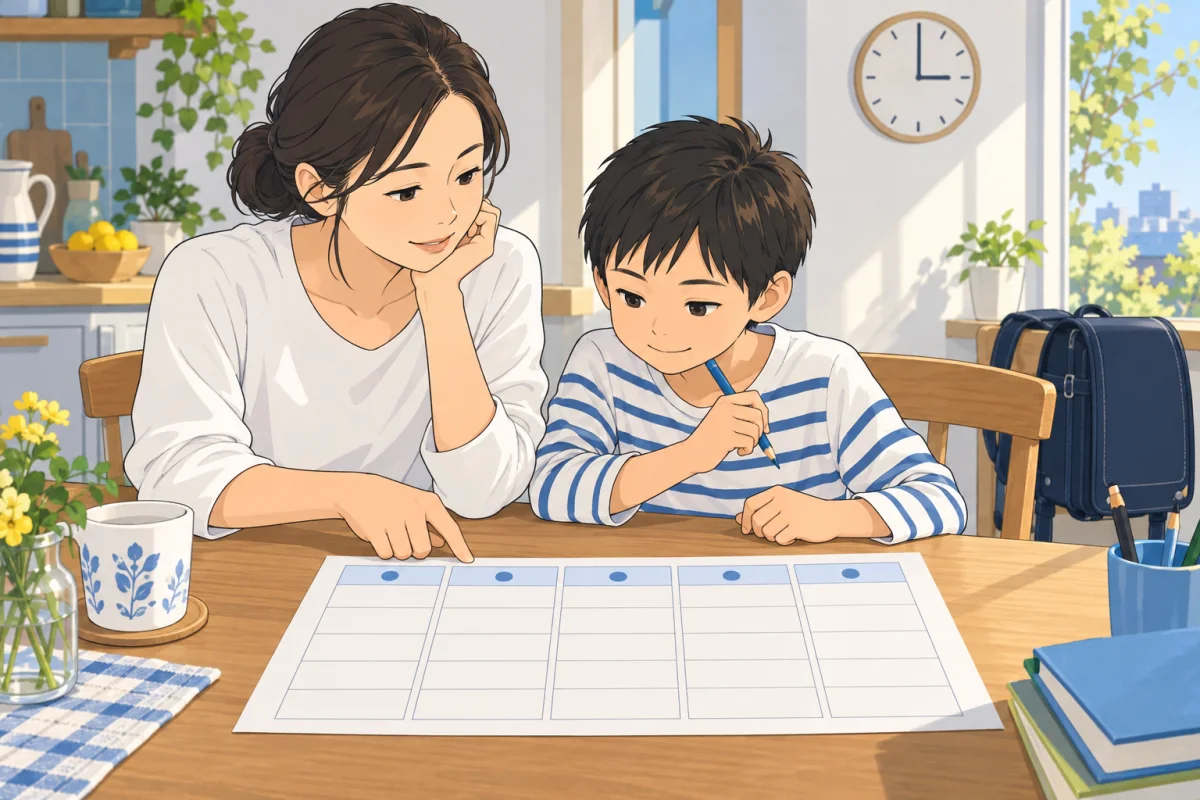 親子で一週間の放課後の予定を話し合うイメージ