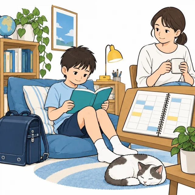 帰宅後に本を読み、ゆっくり過ごす子どもと見守る保護者のイメージ
