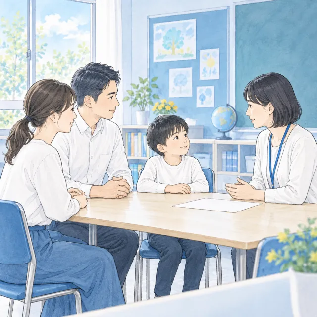 子どもが困ったときの伝え方について、保護者とスタッフが話し合うイメージ