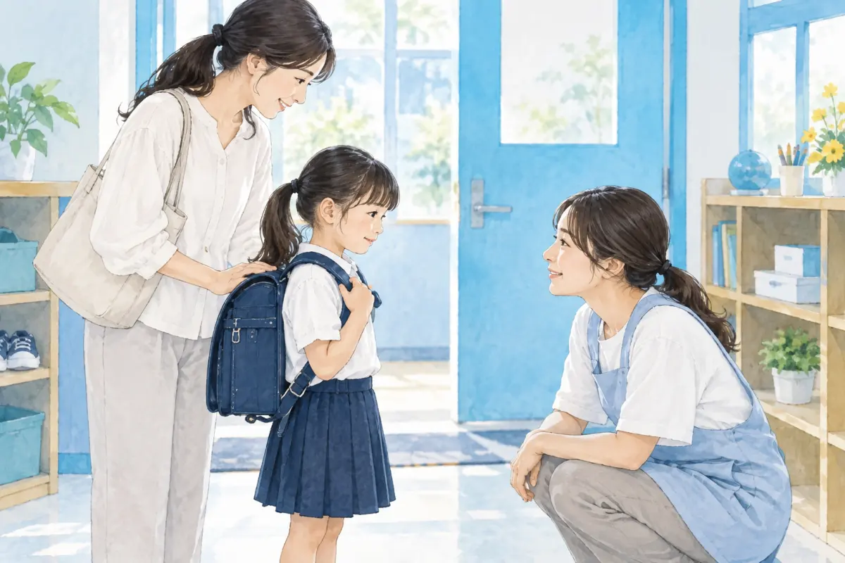 初めての場所で、保護者と一緒にスタッフへ挨拶する子どものイメージ