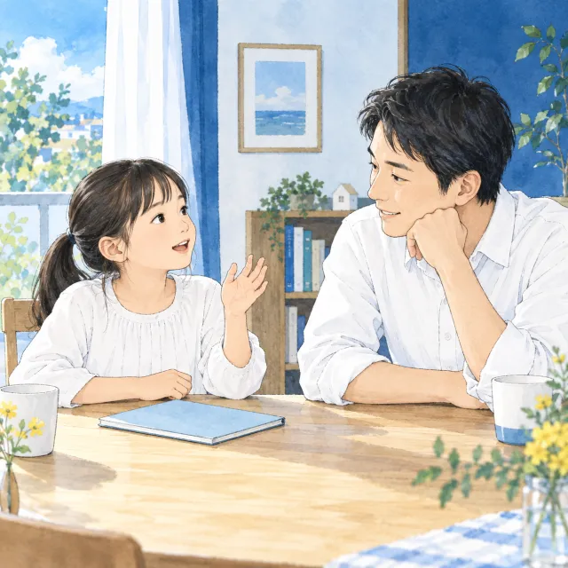 家で短い会話を試し、父親が子どもの言葉を聞くイメージ